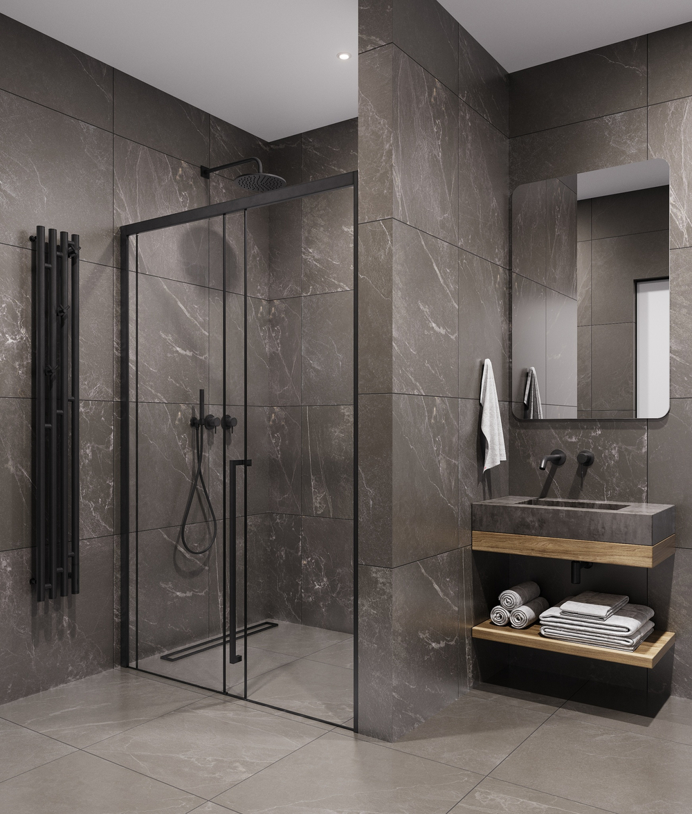 Timo Душевая дверь TDSS-140/03C-8R, раздвиж 1400*2000, проф черный, стекло проз 8 мм