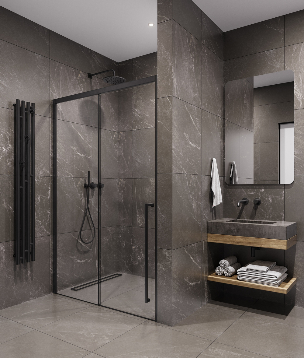 Timo Душевая дверь TDSS-140/03C-8R, раздвиж 1400*2000, проф черный, стекло проз 8 мм